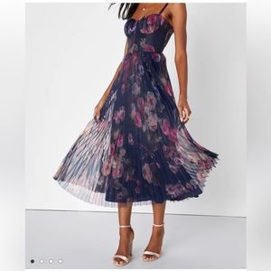 Alluring Invite Midnight Blue Floral Pleated Bustier Midi Dress